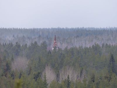 Kirkon torni kuvattu Kontovaaralta. 
