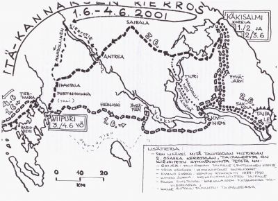 Sotahistoriaa Itä-Kannaksella 1-4.6.2001
Sotahistoriaa Itä-Kannaksella matkan matkareitti.
Reitin piirros evl.lt Antti Juutilainen. 
