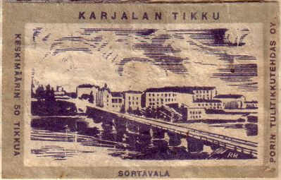 Tulitikkumerkki Sortavalasta.
Kuvassa Karjalan silta
