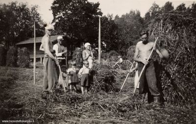 Heinän seivästystä J Lankisen tilalla Kavonsalmella 1938. Vas. Väinö, Juho, Hilda lapset Pertti, Airi, Mauri ja Taavi havarakoneen päällä. Oikeassa reunassa Eino Lääperi. 
