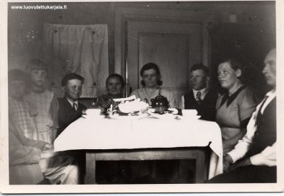 Muolaan Perkjärvellä 1938 Paloposkella. Oikealta. Mikko Tuomonen, Irja Tuomonen, Jooseppi Paloposki, Hetti Lantta, Erkki Paloposki, Hilkka Kenkänen ja Anja Paloposki. Kuvasi Väinö Viipuri. 
